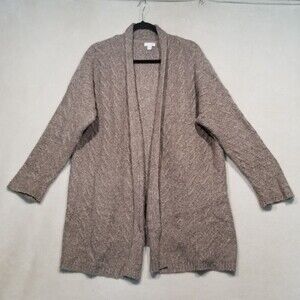 J Jill M Cardigan Sweater Cable Knit Open Front Brown Cotton Blend Classic Boho